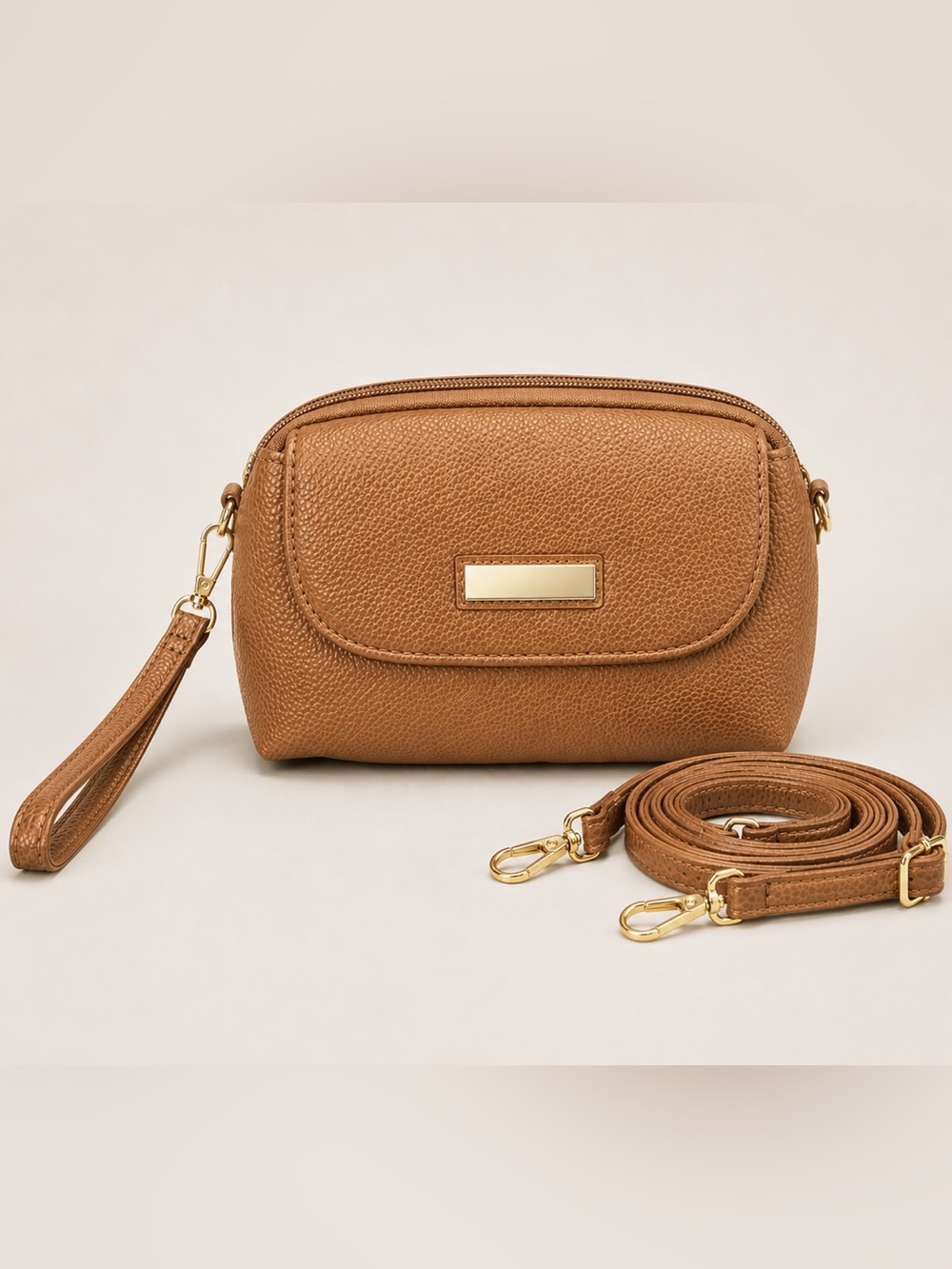 Brown Tan Faux Leather Crossbody Bag with Gold Hardware New with wristlet strap